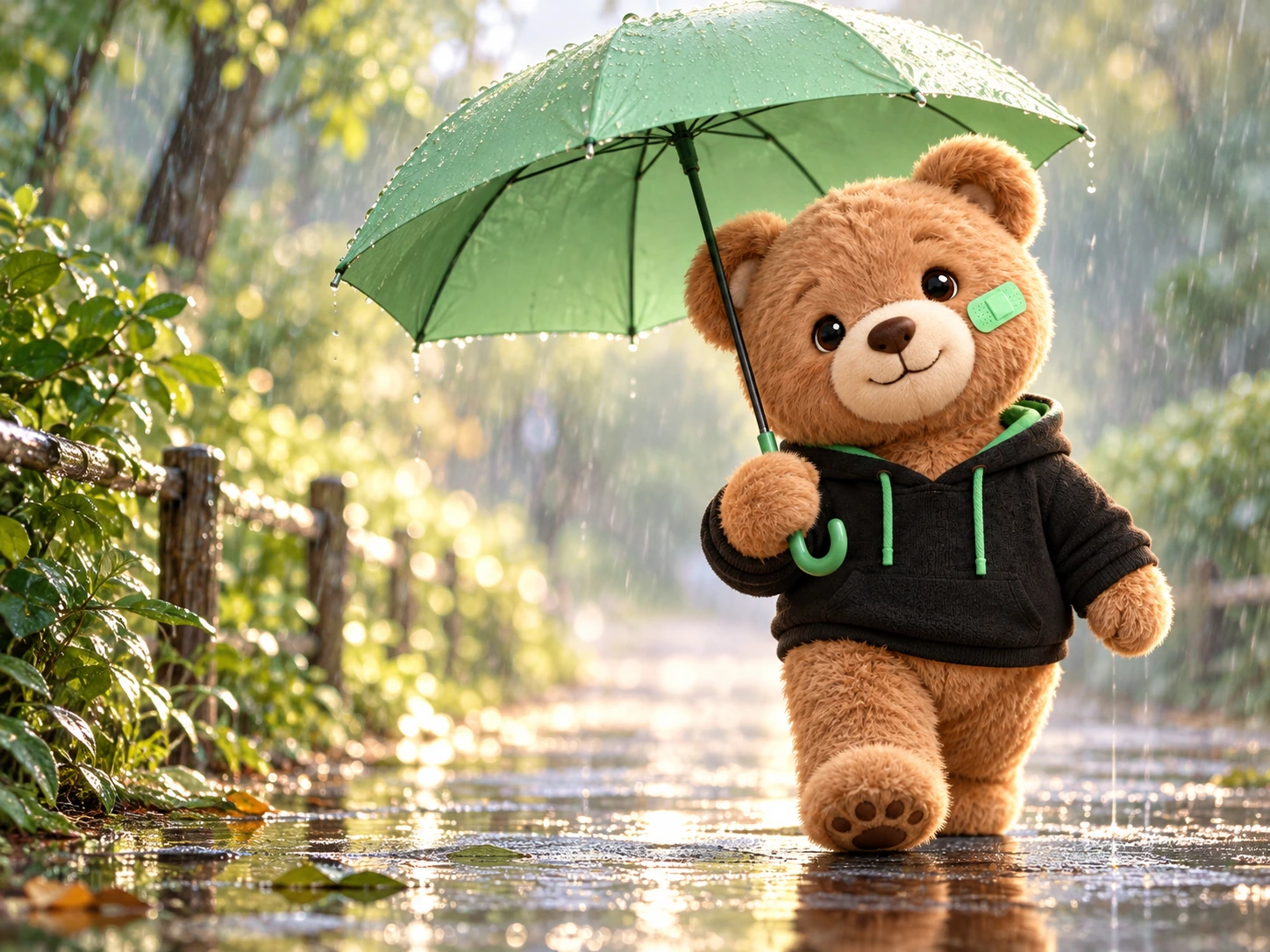 小熊在安静的雨中撑着绿色雨伞向前走